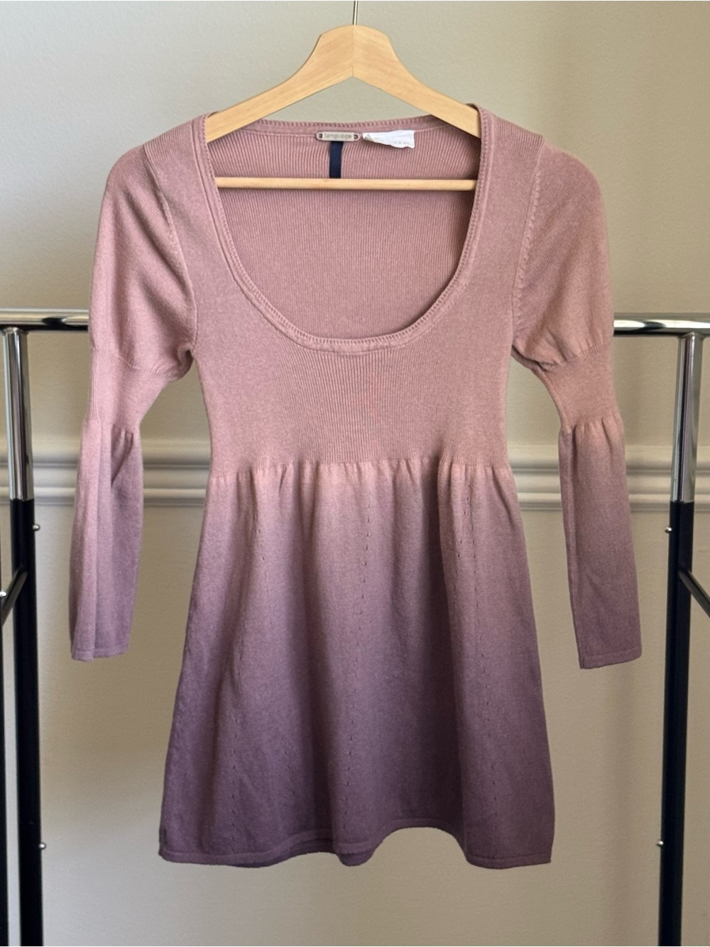 Language Mauve Pink Long-Sleeve Scoop Neck Knit Babydoll Top Small, Pre-Owned